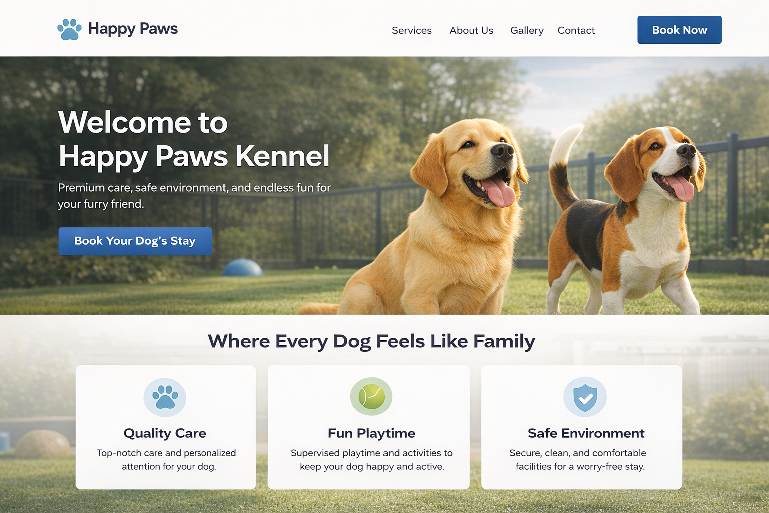 Kennel website builder preview showing a branded pet boarding website